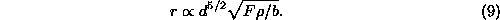 <i>r</i> \propto <i>d</i><sup>5/2</sup>
	  sqrt(<i>F rho</i>/<i>b</i>).